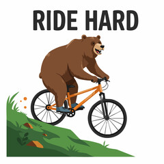 Funny Cartoon Bear Riding Bicycle Downhill Illustration Outdoor Adventure Design