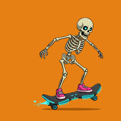 Detailed Pixel Art Skeleton Riding Skateboard in Vibrant Retro Style Illustration