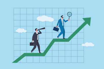 Businessmen climbing an upward trending green graph line with a telescope and magnifying glass symbolizing growth and analysis