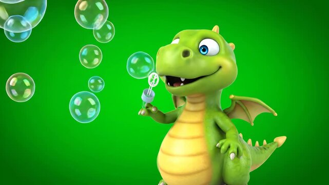 Cartoon Dragon Blowing Bubbles on Green Screen - A cute green cartoon dragon is blowing iridescent soap bubbles on a bright green chroma key background.