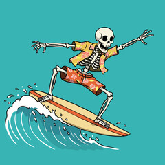 Cartoon Skeleton Surfer Character Riding Wave In Summer Time Illustration