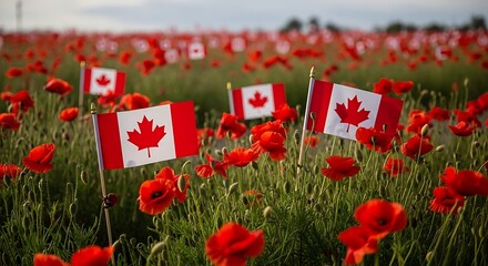 Red poppy field with canadian flags