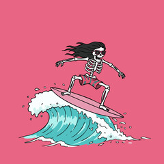 Cool Handdrawn Skeleton Surfing Big Wave Summer Holiday Beach Illustration