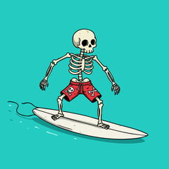 Quirky Handdrawn Skeleton Surfer Dude Cartoon Illustration Character Summer Activity