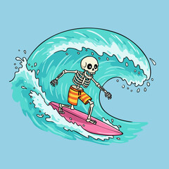 Hand Drawn Cartoon Skeleton Surfing on Big Wave Water Sport Illustration