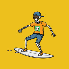 Hand Drawn Funny Skeleton Riding Skateboard Wearing Cap Character Illustration