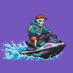 Animated Pixel Art Skeleton Riding a Jet Ski on Water Illustration