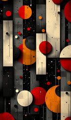 Abstract geometric shapes, circles, and rectangles in vibrant colors on a dark background.