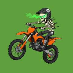 Cartoon Handdrawn Grim Biker Skeleton Riding Dirt Bike Illustration