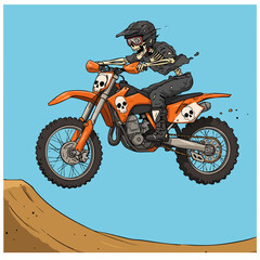 Pixelated Grim Biker On Motocross Bike Riding Above Ramp Illustration