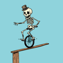 Whimsical Cartoon Skeleton Riding Unicycle on a Plank Balancing Act Illustration