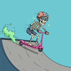 Whimsical Cartoon Skeleton on Pink Scooter Ramp Ride Illustration