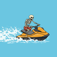 Detailed Cartoon Skeleton Riding Jet Ski Illustration on Sunny Day