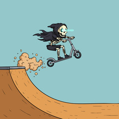 Fun Cartoon Pixelated Grim Reaper Riding Scooter in Skate Park Illustration