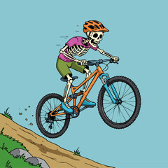 Cartoon Flat Illustration of a Skeleton Riding a Mountain Bike Adventure
