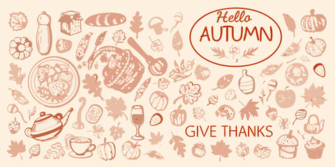 Hello autumn give thanks with a harvest of seasonal elements and food illustrations