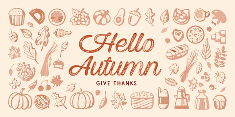 Hello autumn give thanks with a whimsical hand drawn border of seasonal elements