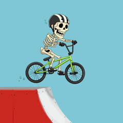 Flat Style Cartoon Skeleton Biker Performing Stunt with BMX Bicycle on Ramp Illustration
