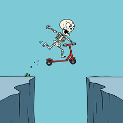 Playful Cartoon Skeleton Riding a Scooter Jumping Over a Cliff Illustration