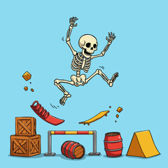 Cartoon Illustrated Skeleton Jumping Over Obstacles Course Illustration