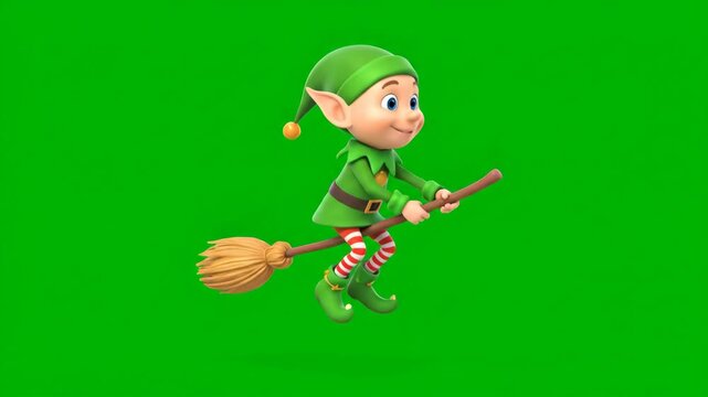 Cartoon Elf Flying on Broomstick - This video shows a cheerful cartoon elf riding a broomstick, isolated against a green chroma key background.