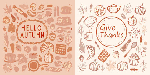 Hand drawn autumn elements and food with hello autumn and give thanks text