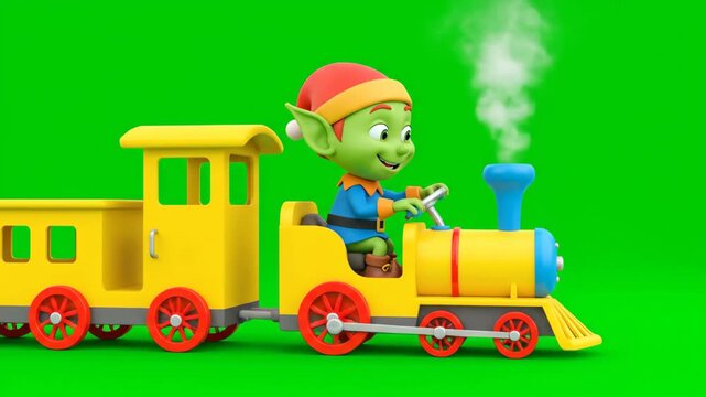Cartoon Elf Riding Toy Train on Green Screen - A 3D cartoon elf is riding a yellow toy train against a green chroma key background. The train is emitting smoke, and the elf has a smirk on his face.