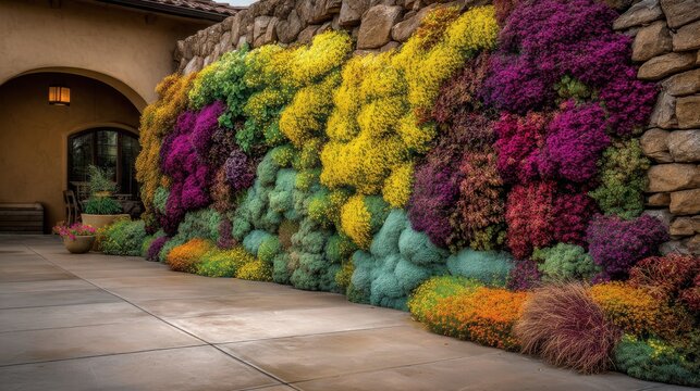 Fototapeta Vibrant Flower Wall Display with Vivid Colors and Textures in a Natural Outdoor Setting Enhancing Architectural Elements and Inviting Beauty