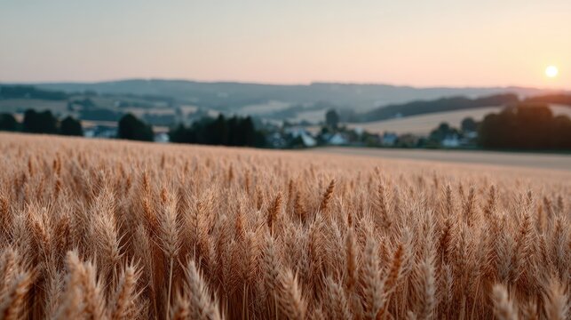 Golden Wheat Field at Sunset with Warm Light and Rolling Hills Landscape Silhouette on the Horizon Serene Rural Countryside Scenery