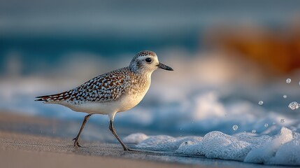 Obraz premium Small Bird by Beach Waves - Sandpiper Wildlife Natural Scene