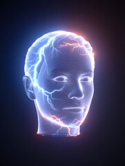Radiology illustration of human anatomy of the skull and brain showing intelligence and the concept of a thinking mind