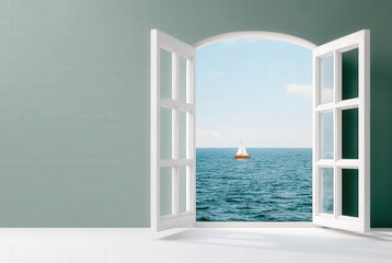 Emotion Boredom daydream Concept, Open window to ocean view seascape boat sailing daydream escape from boredom bringing emotion and peace