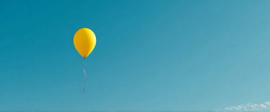 A vibrant yellow balloon floats gracefully against a clear blue sky, symbolizing freedom and joy, with soft clouds visible in the distant background, perfect for uplifting themes