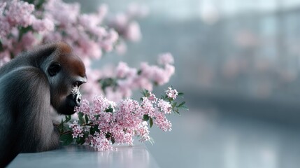 Gorilla Embracing Pink Flowers in Cinematic Lighting with High Dynamic Range