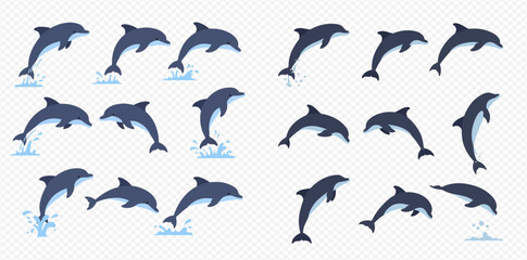 A collection of blue dolphins jumping, swimming, and diving in various dynamic poses with water splashes.