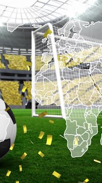 Animation of falling gold confetti and football ball over world map