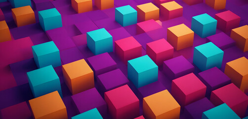 Obraz premium Bright 3D abstract background of colorful cubes in teal, orange, magenta, and purple on a purple surface in a realistic, photorealistic style 