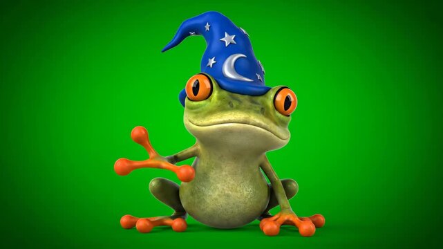 Cartoon Frog Wizard on Green Screen - A cartoon frog wearing a blue wizard hat with stars and a crescent moon is positioned against a green chroma key background.