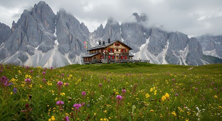 Fototapeta premium Mountain hut in alpine meadow