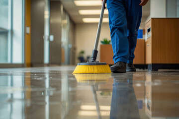 A man is cleaning a floor with a floor machine in office. Large room cleaning concept