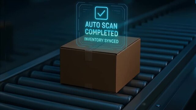 Auto scan completed inventory synced package conveyor belt with hologram scan confirmation and holographic verification checkmark indicating automated warehouse logistics inventory automation