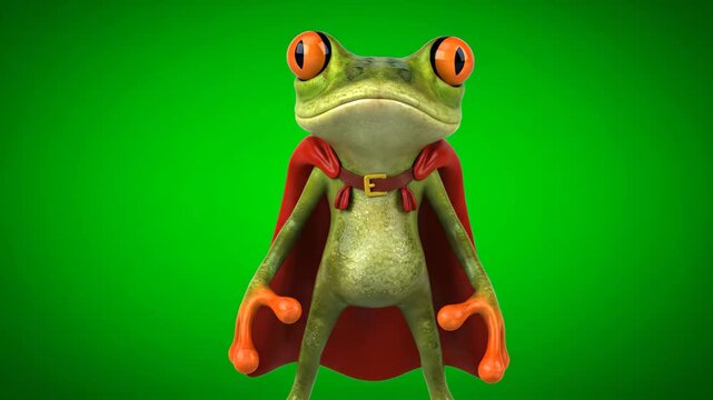 Cartoon Frog Superhero on Green Screen - This video features a cartoon frog character wearing a red superhero cape against a green chroma key background.