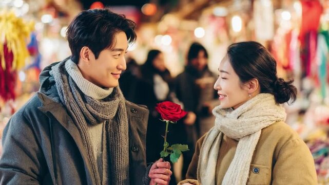 A man offers a red rose to a smiling woman at a cozy night market, both bundled in scarves.