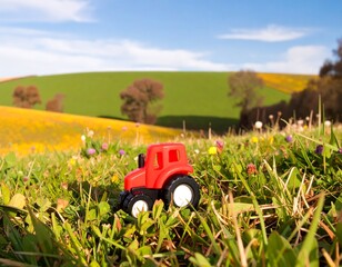 Red toy tractor in a field of wildflowers