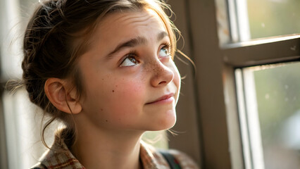 Portrait of a young girl looking up by the window with thoughtful expression indoors