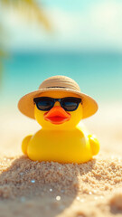 Bright Yellow Rubber Duck Wearing Sunglasses Relaxing on Sandy Beach During Summer Vacation