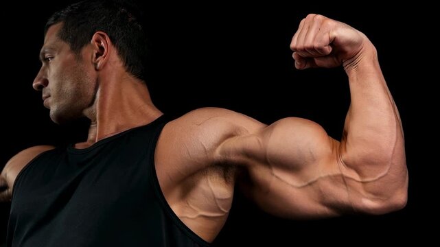 A man flexing his bicep and tricep muscles. Bodybuilder posing, demonstrating strength and physical fitness. Strong athletic male for sports footage.