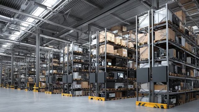 Warehouse Stock: A wide-angle shot of a modern warehouse interior filled with shelves stacked with packaged goods, conveying the operational efficiency of distribution and logistics