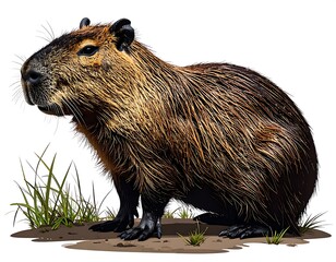 Capybara profile, seated in grassy area