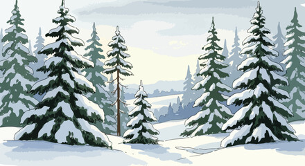 Coniferous forest watercolor silhouette outline hand drawn illustration